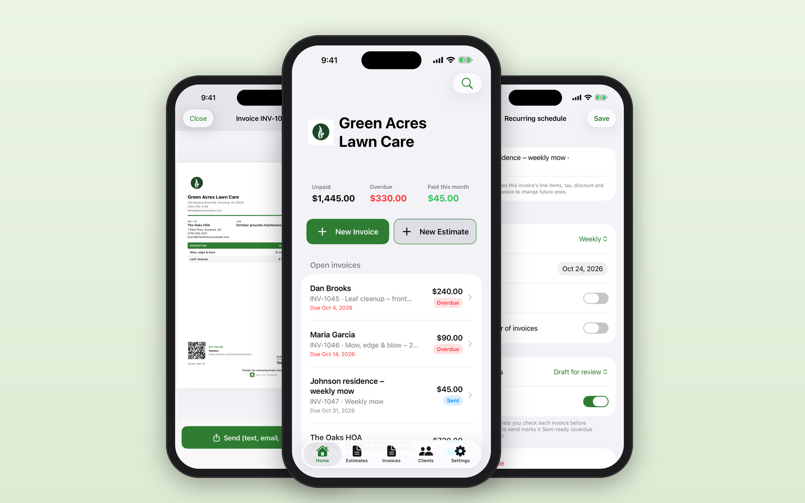 PaidNote on iPhone: the dashboard of unpaid and paid invoices, an invoice PDF with a payment QR code, and a recurring invoice schedule