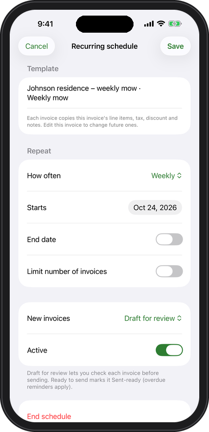 Recurring invoice schedule screen in PaidNote