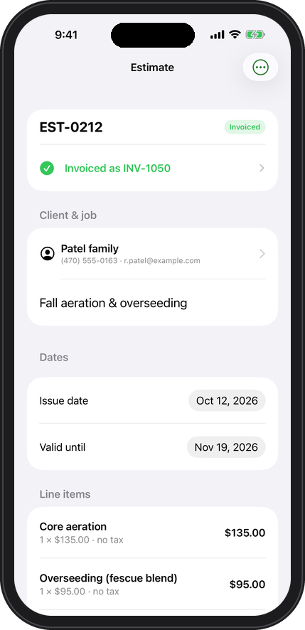 Estimate screen with a convert to invoice button