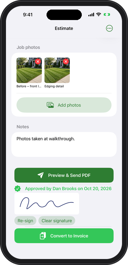 Job photos and an on-screen customer signature