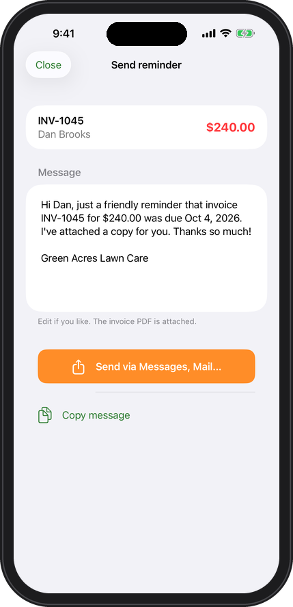 Pre-written overdue reminder message ready for the user to send