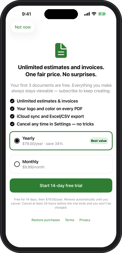 PaidNote Pro upgrade screen with monthly and yearly plans
